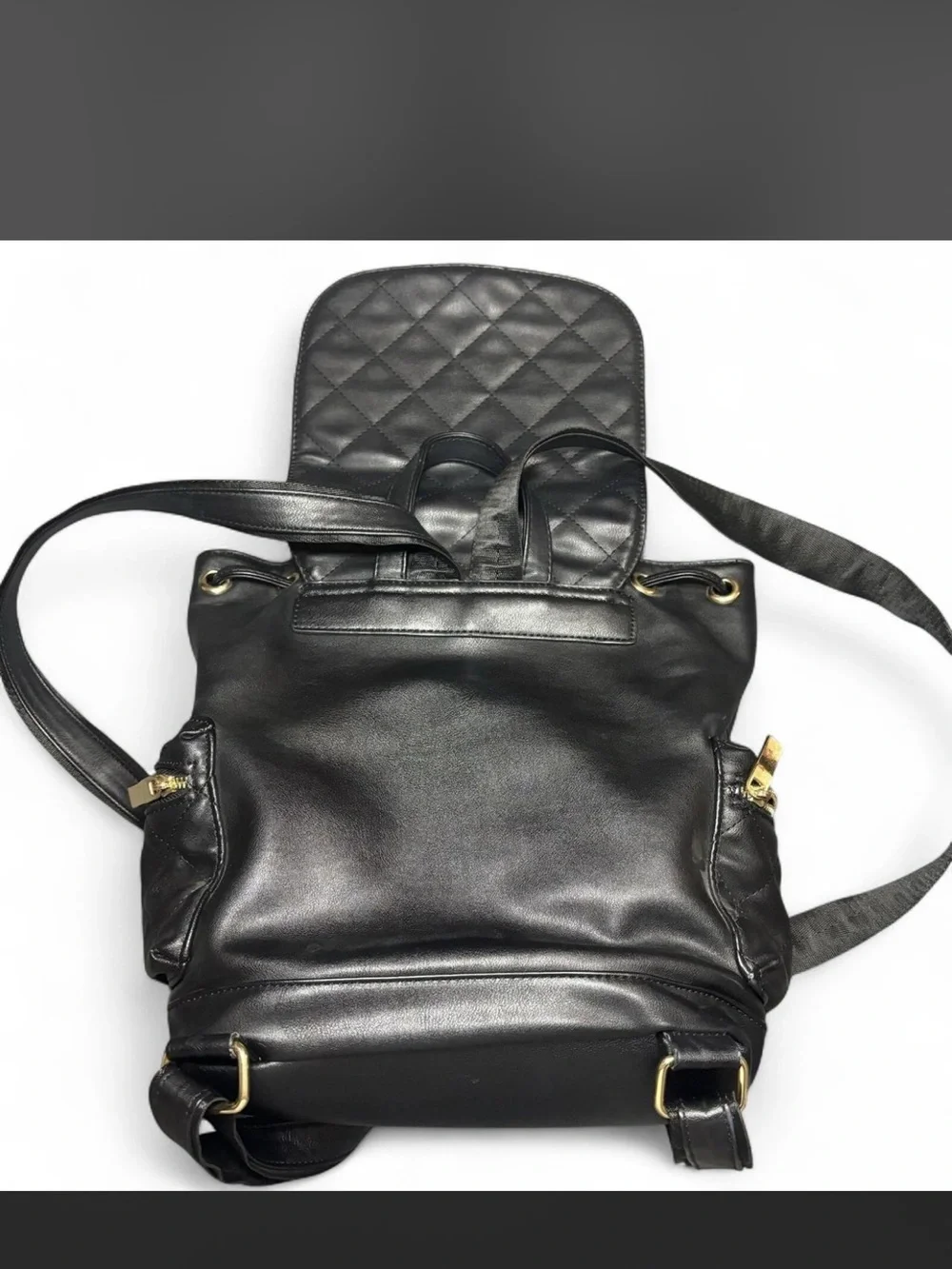 Quilted Drawstring Backpack - Black Leather-Effect
